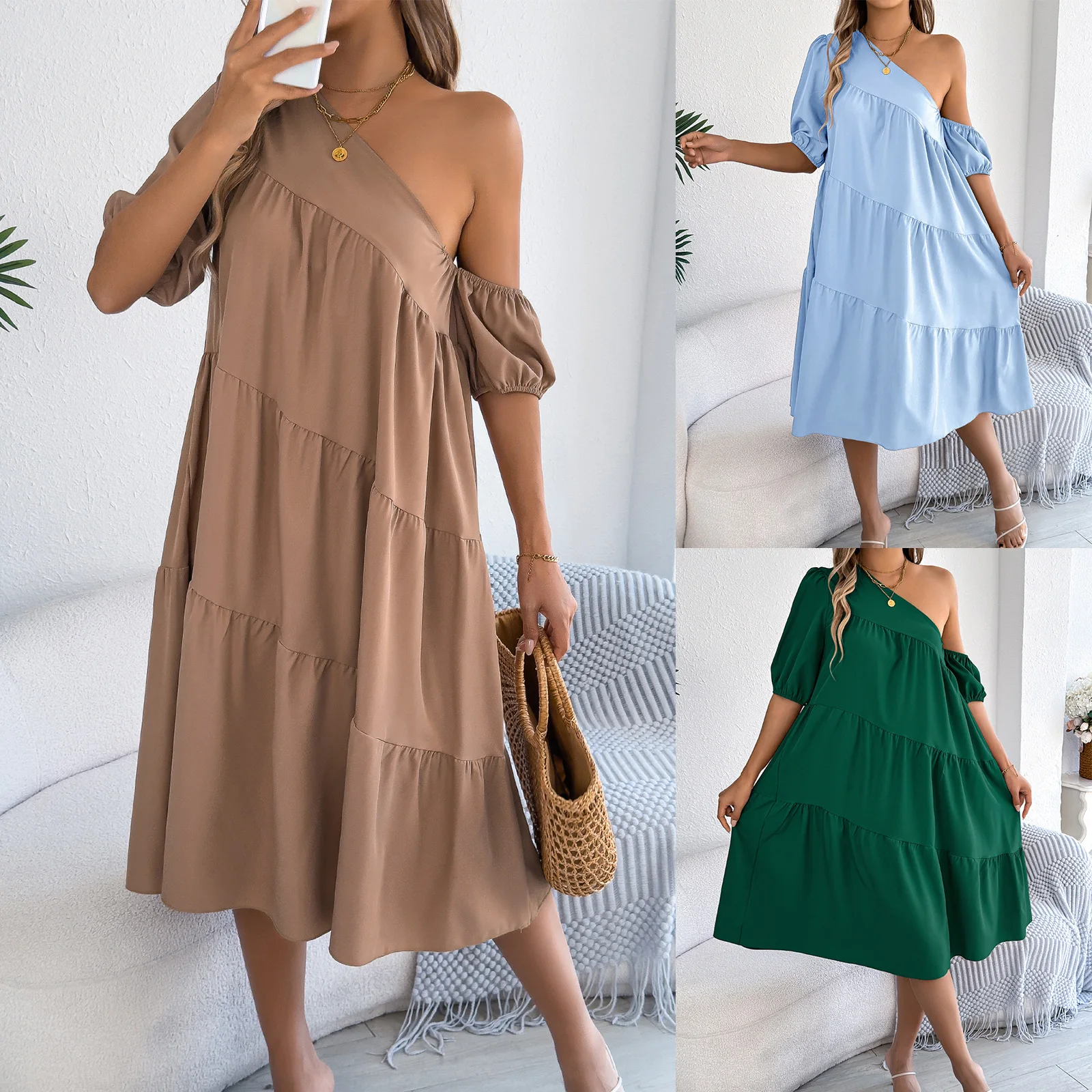 

2026 Spring/Summer Off-Shoulder Short-Sleeve Casual Loose Ruffle Hem Long Dress Women's Clothing