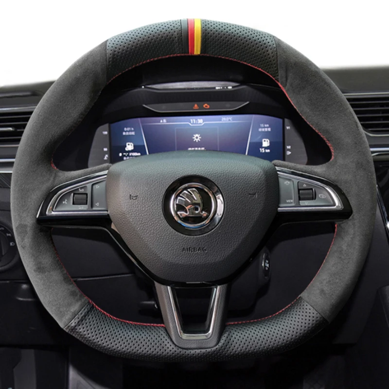 Customized leather suede hand sewn steering wheel cover For Skoda Octavia SUPERB Rapid KODIAQ KAMIQ car interior accessories