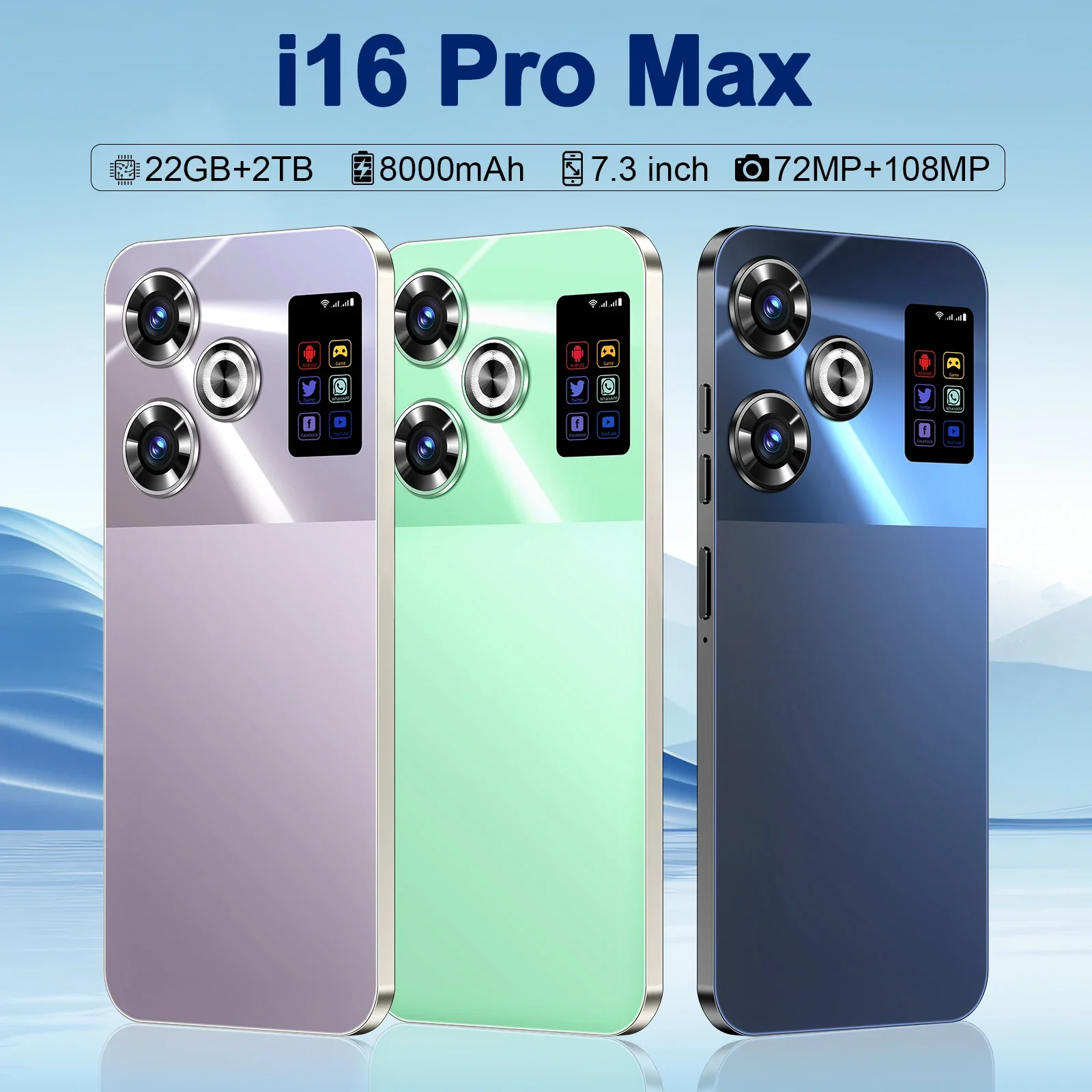 

2024 оригинальный смартфон I16 Pro Max 5G, 7,3-дюймовый смартфон Snapdragon 8gen3, 22G + 2 ТБ, двойная SIM-карта, 8000 мАч, Android 14 NFC-смартфон