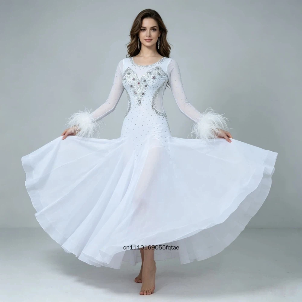 Custom Ostrich Feather Modern Dance Dress Large Swing Skirt Standard Waltz Foxtrot Ballroom Dance Competition Costume For Women