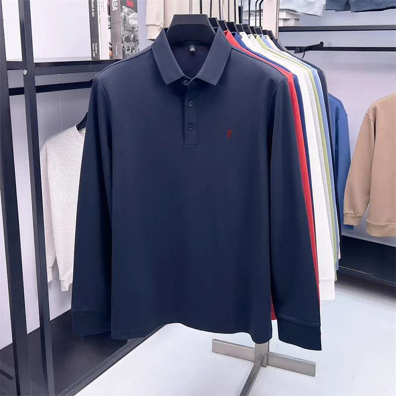 Long sleeved polo shirt for men in spring and autumn 2025, cotton T-shirt with embroidered pony logo, pure white upper garment