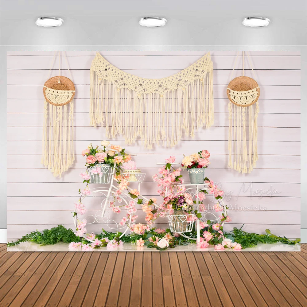Fondo de fotografía de pastel Smash para niña y niño, Fondo de fotografía de hierba Floral rosa, pared de madera, estudio fotográfico para bebé, flor de primavera