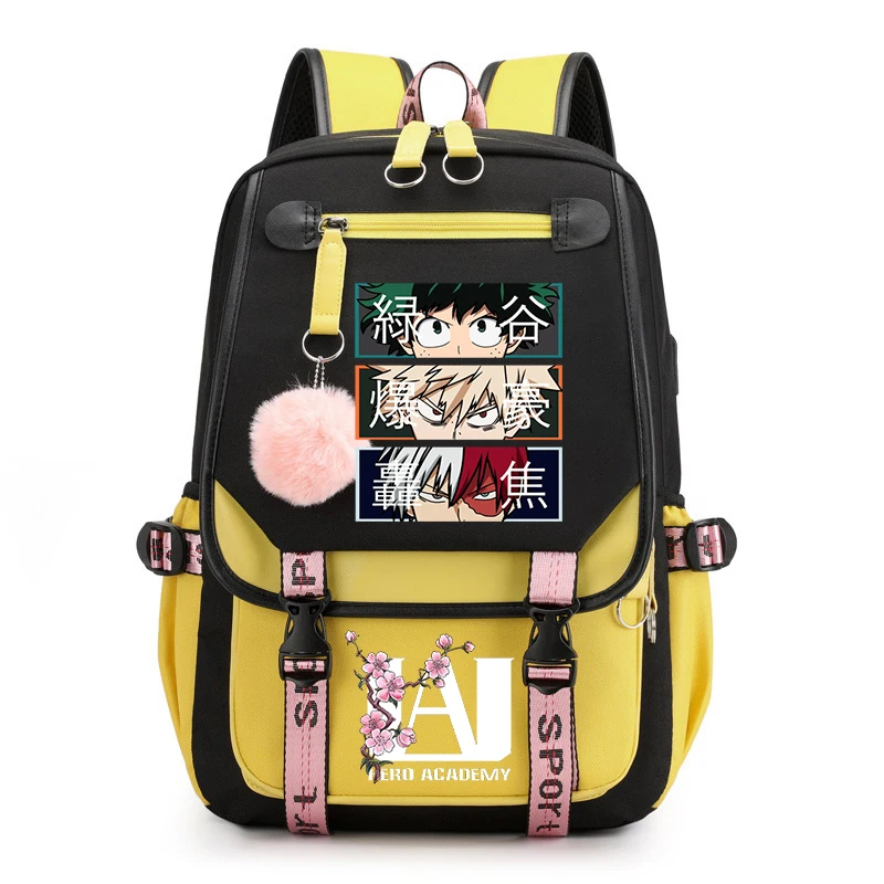 USB Charging Backpack My Hero Academia Shoto Todoroki Bakugou Deku Anime Backpacks for School Teenager Girls Fluffy Ball Bookbag