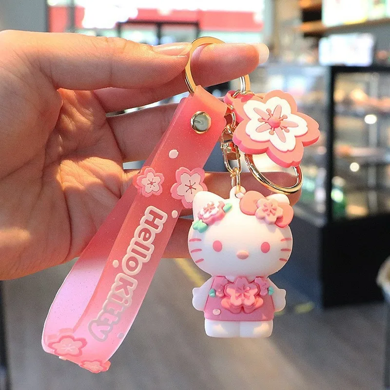 Sanrio Cute Sakura Keychain Pink Hello Kitty Melody Kuromi Model PVC Toy Collection Cartoon Keyring Toy Peripheral Toys image 2