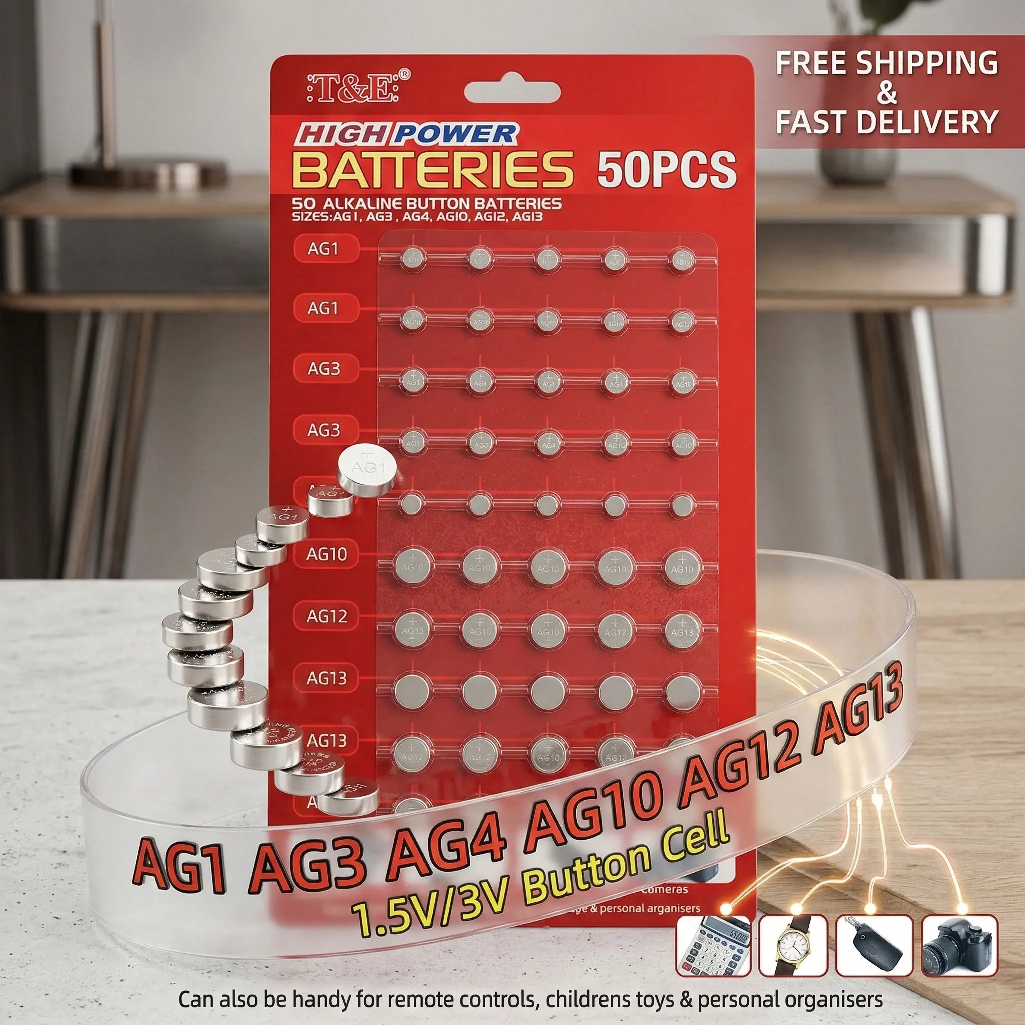 

1.5V Coin Cells Button Battery 50Pcs AG1 AG3 AG4 AG5 AG12 AG13 Durable Energy for Toys Watch Remote