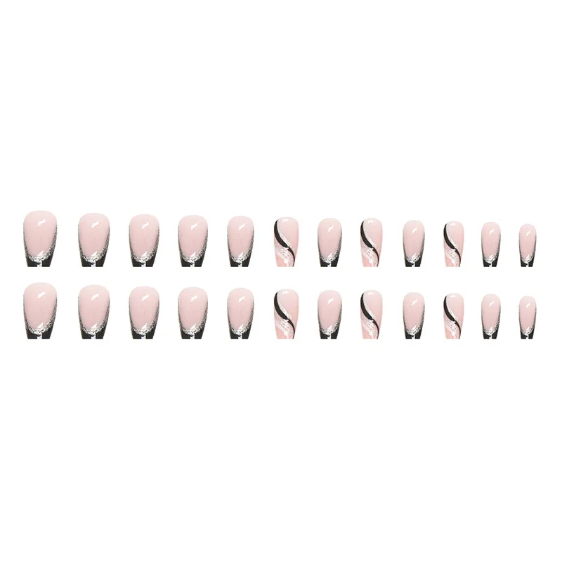 

Short nail black glitter French simple European and American striped nail art piece fake nail