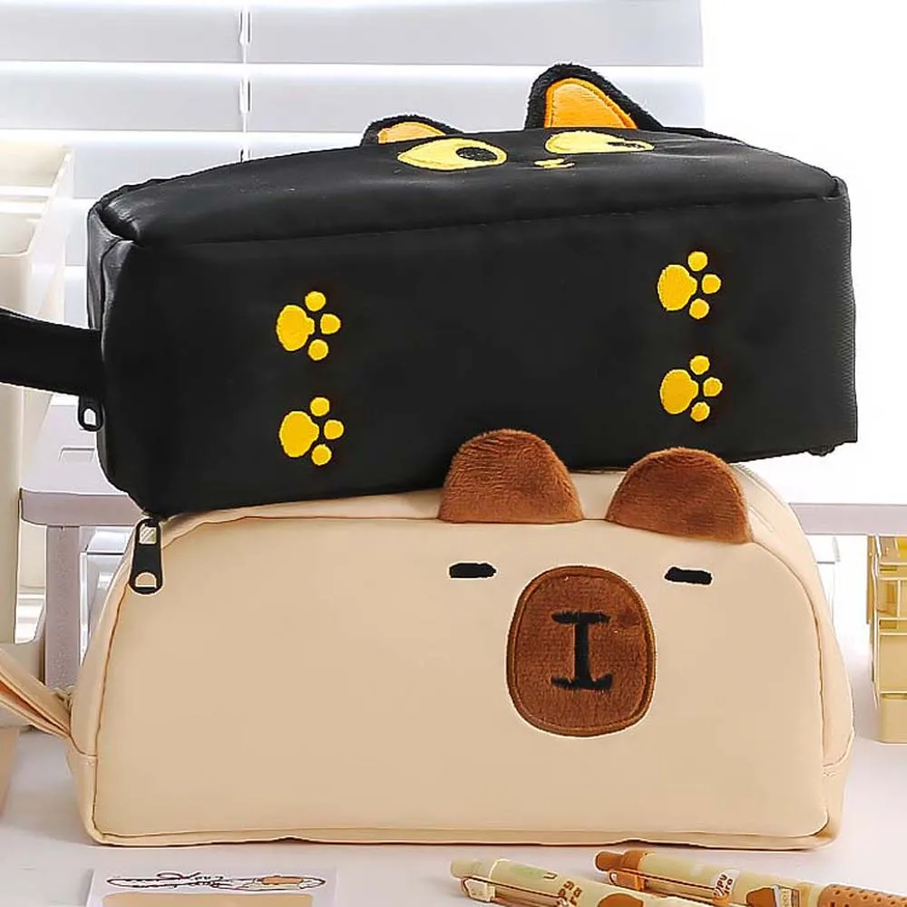 Large Capacity Capybara Pen Case Black Cat Panda Capybara Panda Pen Holder Animal Desktop Organizer Zipper Pencil Pouch Office