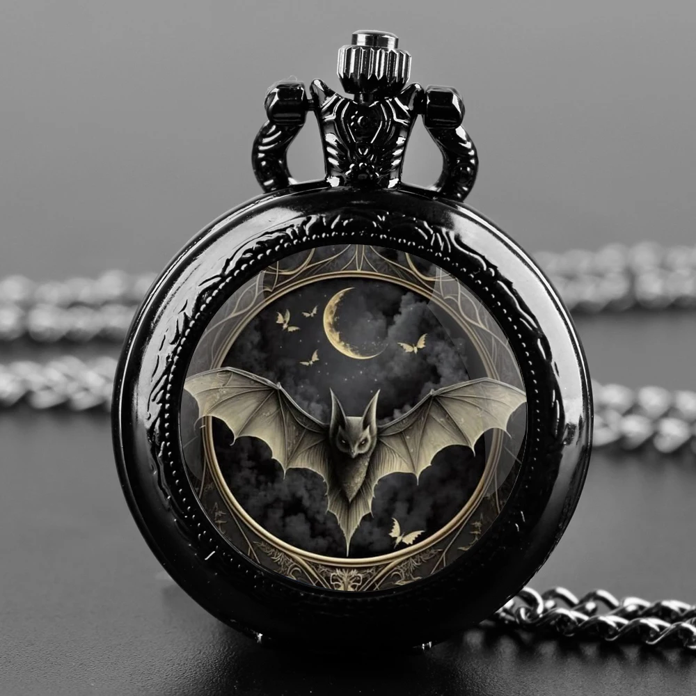 Bat Design Glass Dome Quartz Pocket Watch With Durable Chain Arabic Numeral Dial For Men And Women Creative Gifts