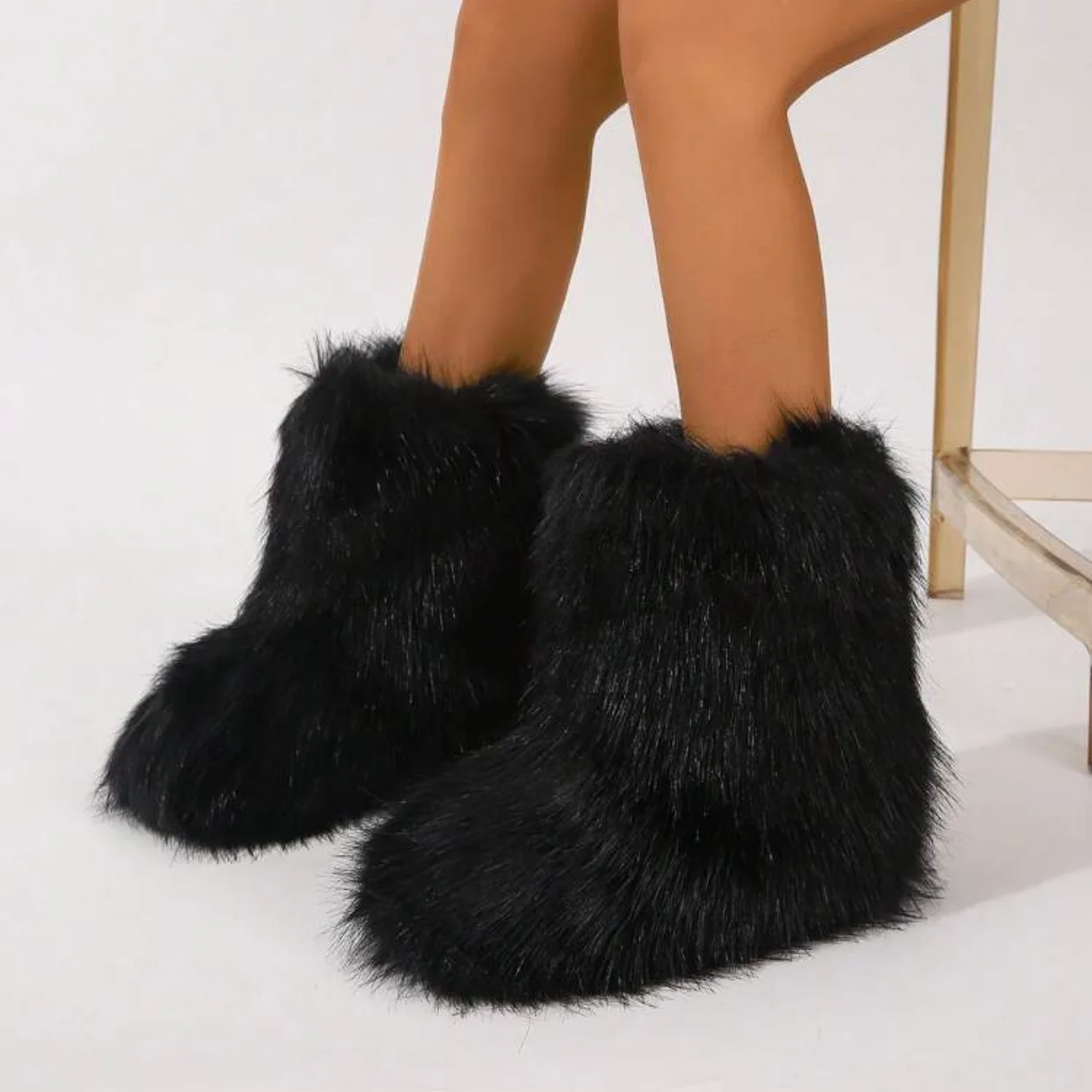 Women Faux Fur Boots Winter Fluffy Plush Warm Mid Calf Snow Boots Luxury Fashion Furry Boots Comfortable Outdoor Flat Shoes