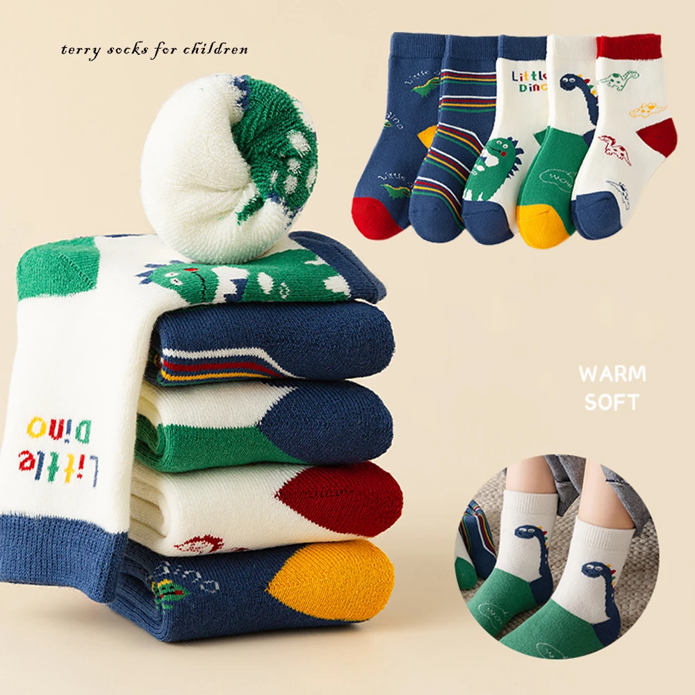 New Style 5Pairs 1-14Years Winter Terry Socks For Children Dinosaur Elastic Cuffs Striped Children's Fashion Cute Warm Socks