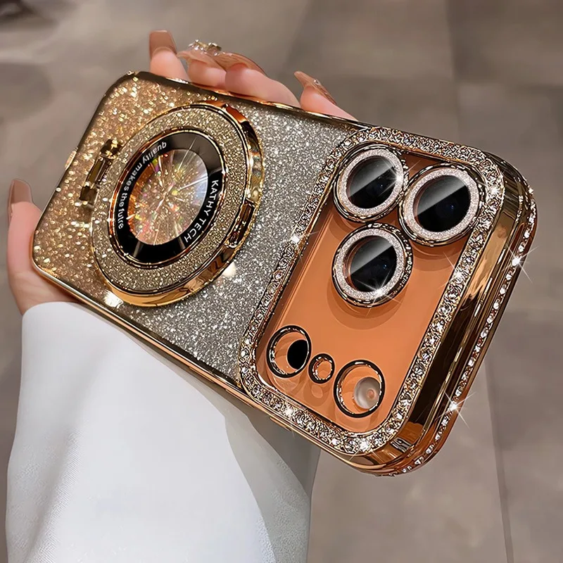Glitter Magsafe Bracket Case for iPhone 17 16 15 11 12 14 13 Pro Max Plating Soft Bling Diamond Luxury Cover for iPhone 17 Air #2
