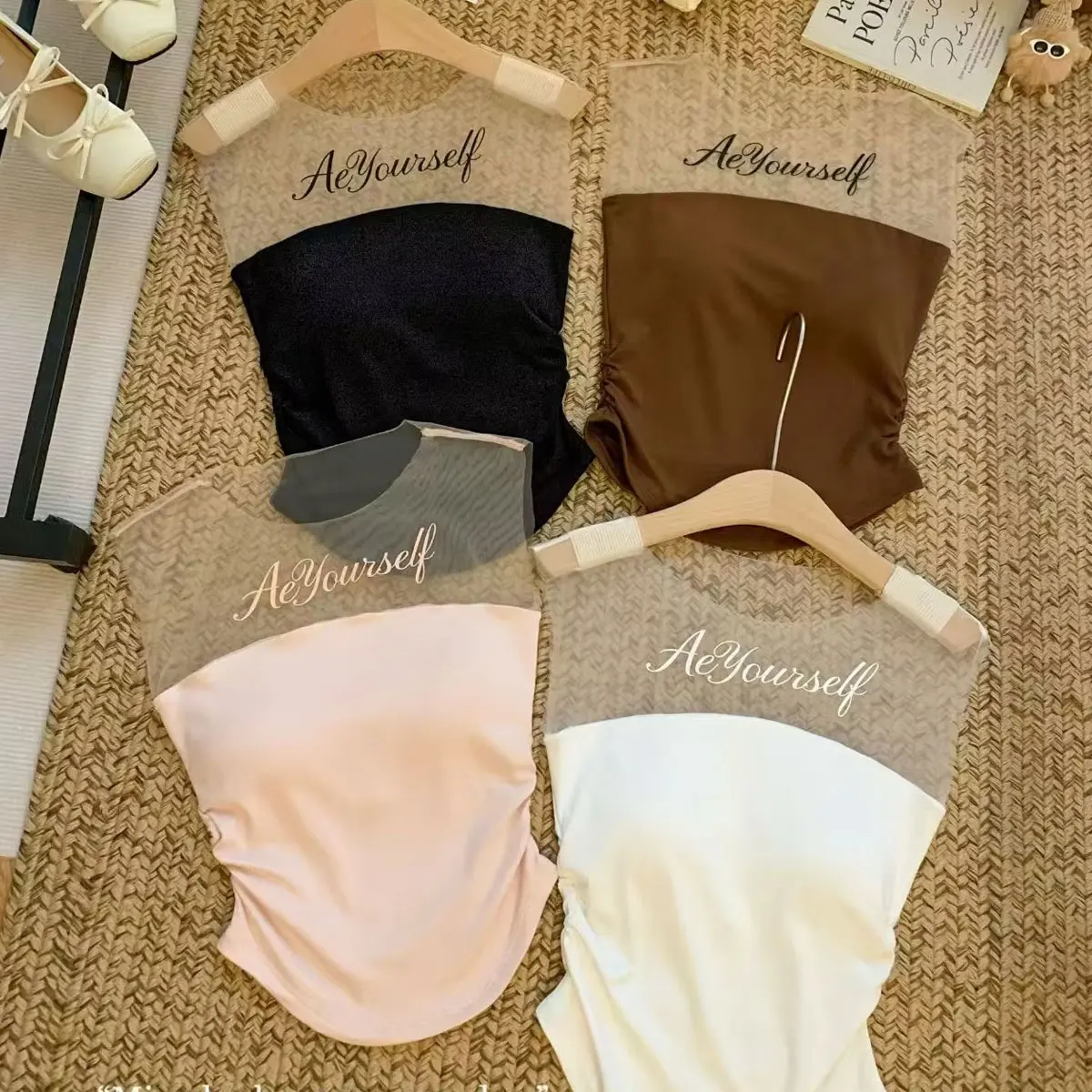 Korean Style Women Sexy Mesh Splice Tube Top Vest with Chest Pad Slimming Waist Side Folds,Waist Cinching for Slimming Effect