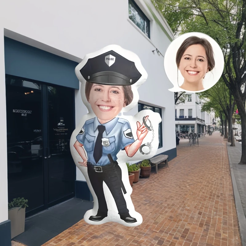 Custom Officer Plush Pillow- Dual-Sided Digital Print, Personalized Face& Body Design, Polyester Material, Couples, Birthdays, T