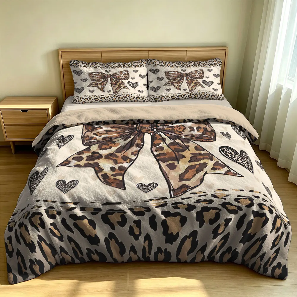 3PCS Leopard Print Bow Heart Pattern Milk Velvet Bedding Set Soft Warm Winter Unfilled 1 Duvet Cover 2 Pillowcases Bedroom De