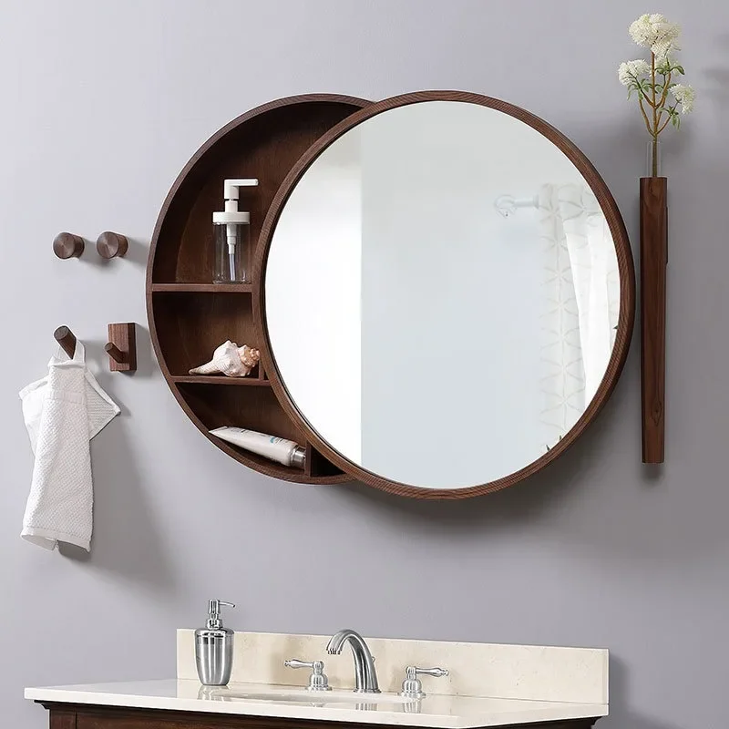 Solid Wood Bathroom Dressing Mirror Cabinet Sliding Door Rest Room Storage Wall-hung Type Round Decorative Mirror Home Decor