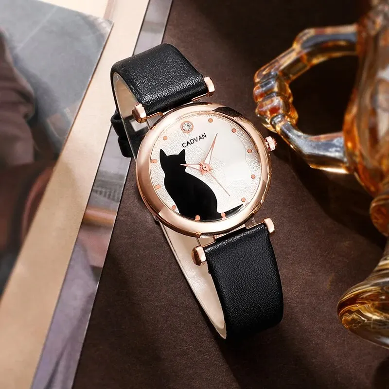 6PCS Set Women Fashion Quartz Watch Female Clock Cute Cat Dial Luxury Brand Design Ladies Leather Wrist Watch Montre Femme image 5