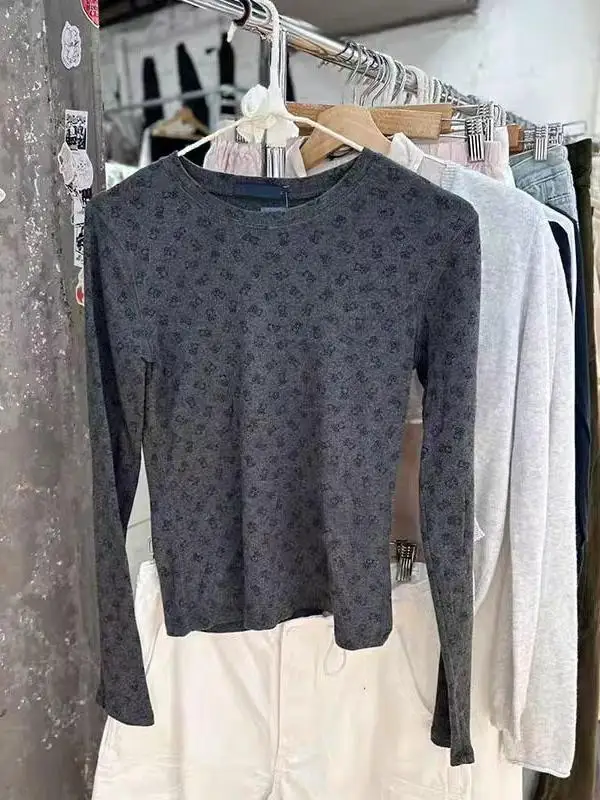 

Американская женская футболка из чистого хлопка с длинным рукавом, круглым вырезом и принтом медведя, облегающая, базовый слой, милый осенний топ