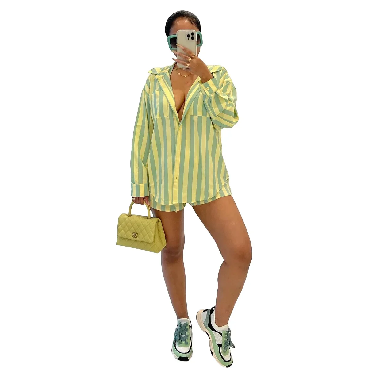 Ladies Southeast Asia Commuter Casual Shorts Suit Spring and Summer Striped Long-sleeved Loose Shirt Same Shorts