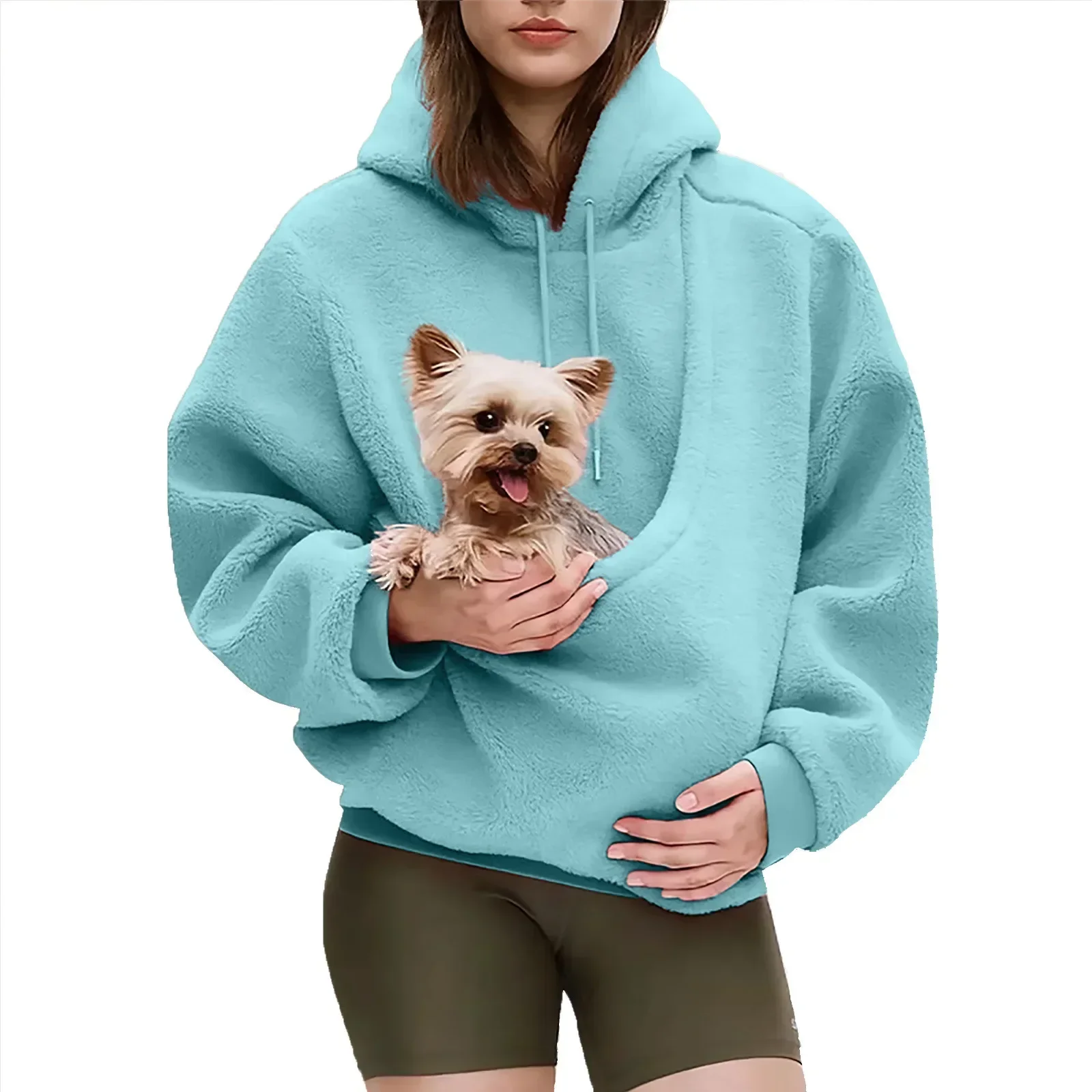 Women Solid Hooded Fleece Oversized Pullover Sweatshirt With Pet Pocket Autumn Winter Casual Top Ladies Cozy