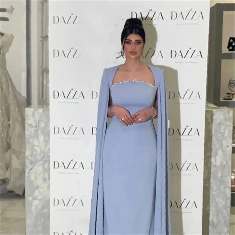 

Blue Dubai Evening Dresses with Cape Sleeves Elegant Arabic Women Wedding Party Gowns Long Prom Dress New Fashinable Design