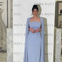 Blue Dubai Evening Dresses with Cape Sleeves Elegant Arabic Women Wedding Party Gowns Long Prom Dress New Fashinable Design