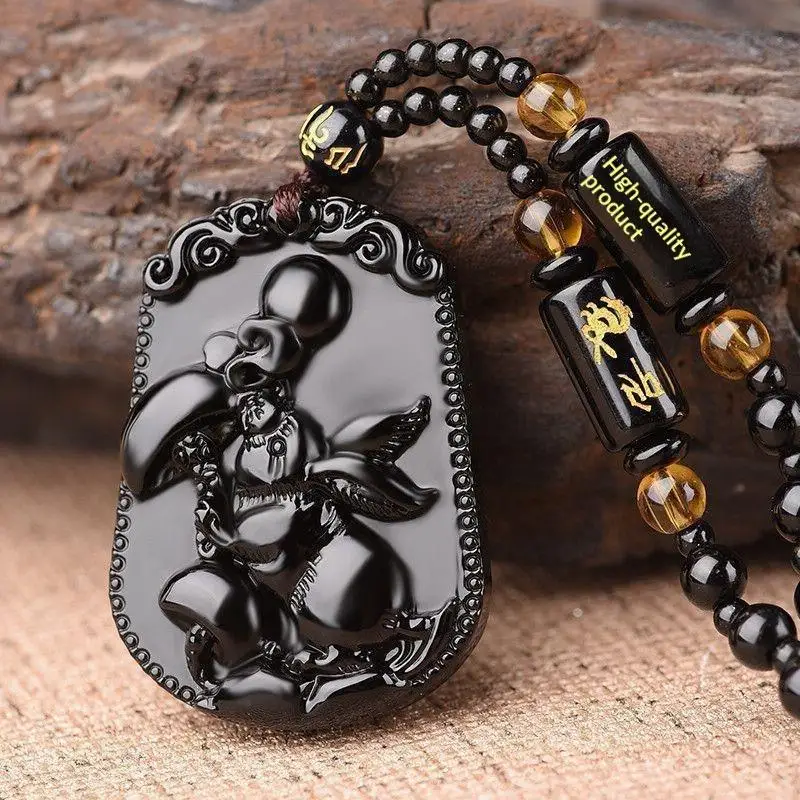 Imitation Black Obsidian Carved Chinese Twelve Zodiac Lucky Blessing Animal Pendant Beads Necklace Vintage Gift Jewelry