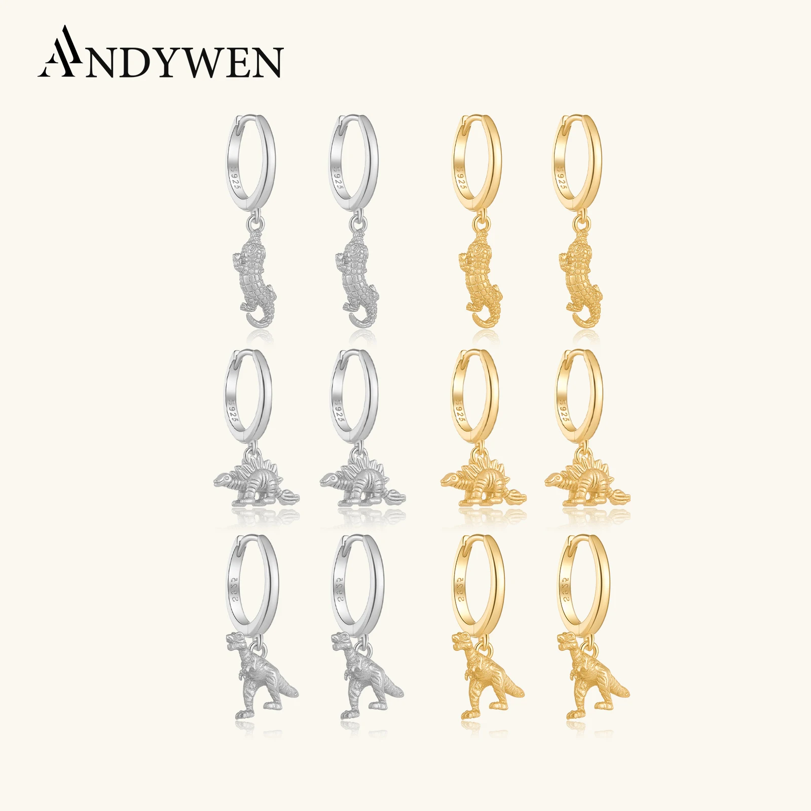 

ANDYWEN 925 Sterling Silver Lizard Pendant Dinosaur Piercing Pendiente Drop Earring 2020 Animal Rock Punk Gold Collection Jewels