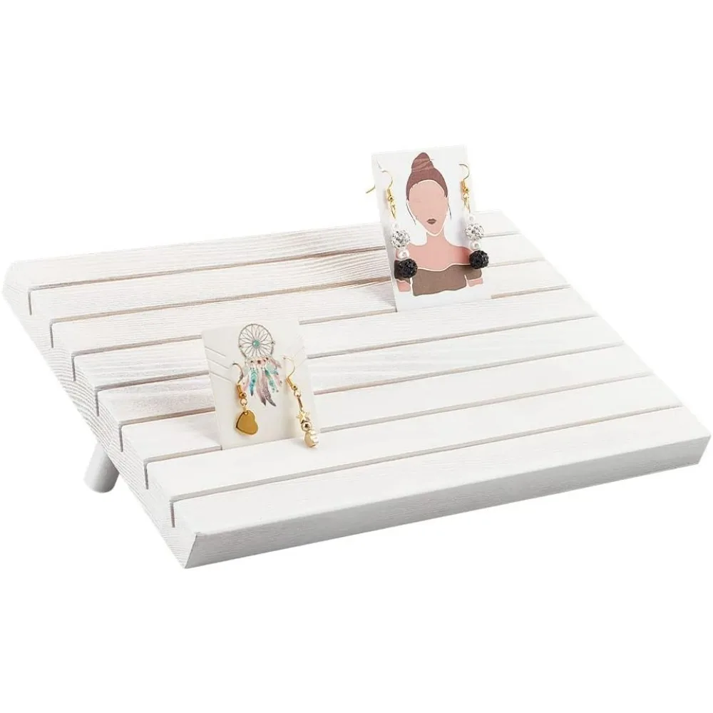 7 Slots Wooden Earring Display Stands Wood Card Holder with 2 Detachable Pegs White Jewelry Earring Display