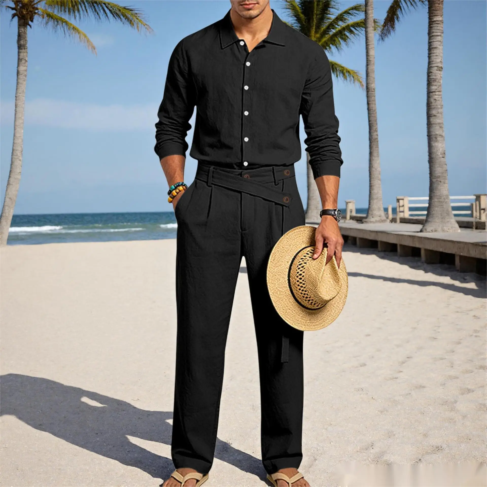 Europäisch-Amerikanisches Herren-Leinen-Freizeitset: Hemd mit Umlegekragen und Hose mit hohem Bund und Gürtel – Locker, atmungsaktiv, für Urlaub und Strand – Detail 18