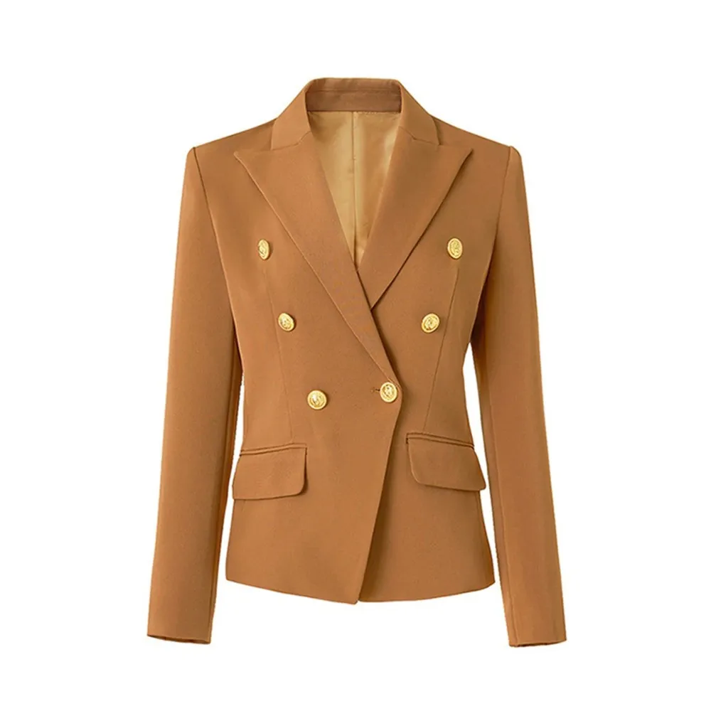 

Женский двубортный пиджак верблюжьего цвета с золотыми пуговицами, деловой формальный