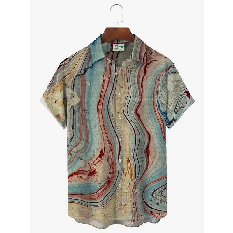 

New Men's Shirt Rivers And Peaks Print Short Sleeve Cuban Style Oversized Hawaiian Summer Harajuku Holiday Vacation Male
