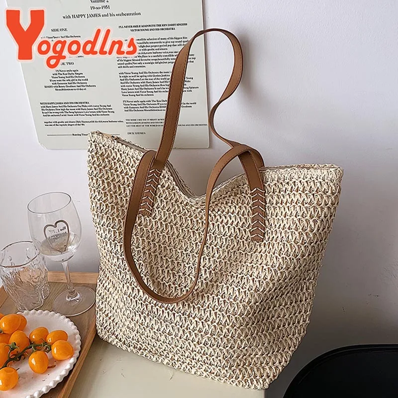 Yogodlns Summer Woven Women Bag Large Capacity Rattan Shoulder Vacation Seaside Beach BagCasual Shopper Tote Fashion