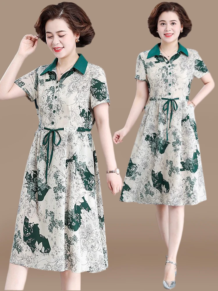 

Летнее шифоновое платье для женщин среднего возраста с цветочным принтом, длиной до колена, свободного кроя, с поясом и воротником