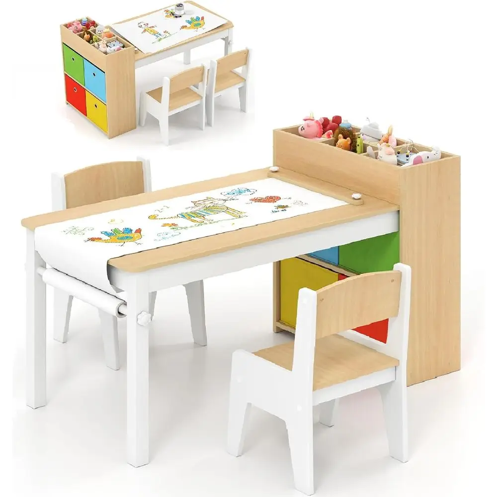 

Художественный набор столов и стульев, деревянный стол для занятий малышей с рулоном бумаги, 2 стула, контейнеры для хранения холста для письма, Drawi