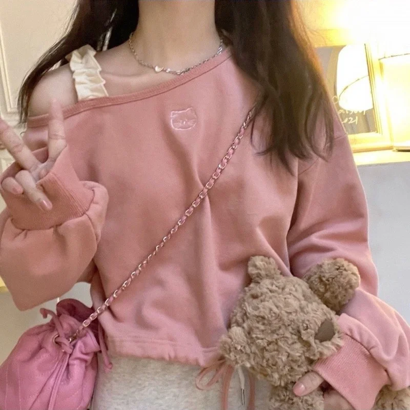 KOSAHIKI Sweet Pink Cropped Hoodies Y2k Clothes Women Cat Embroidery Off Shoulder Loose Drawstring O-neck Sweatshirt Japan Style