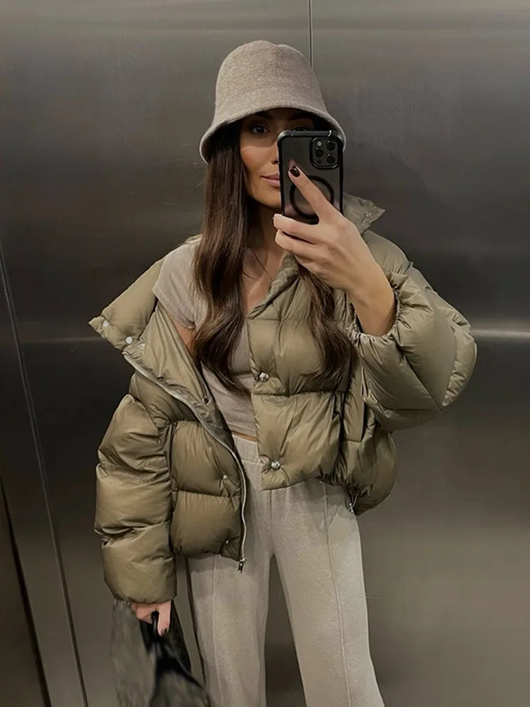 Hh moda feminina jaquetas gola alta mangas compridas bolso único breasted curto casaco de algodão mulher chique rua casacos de inverno quentes