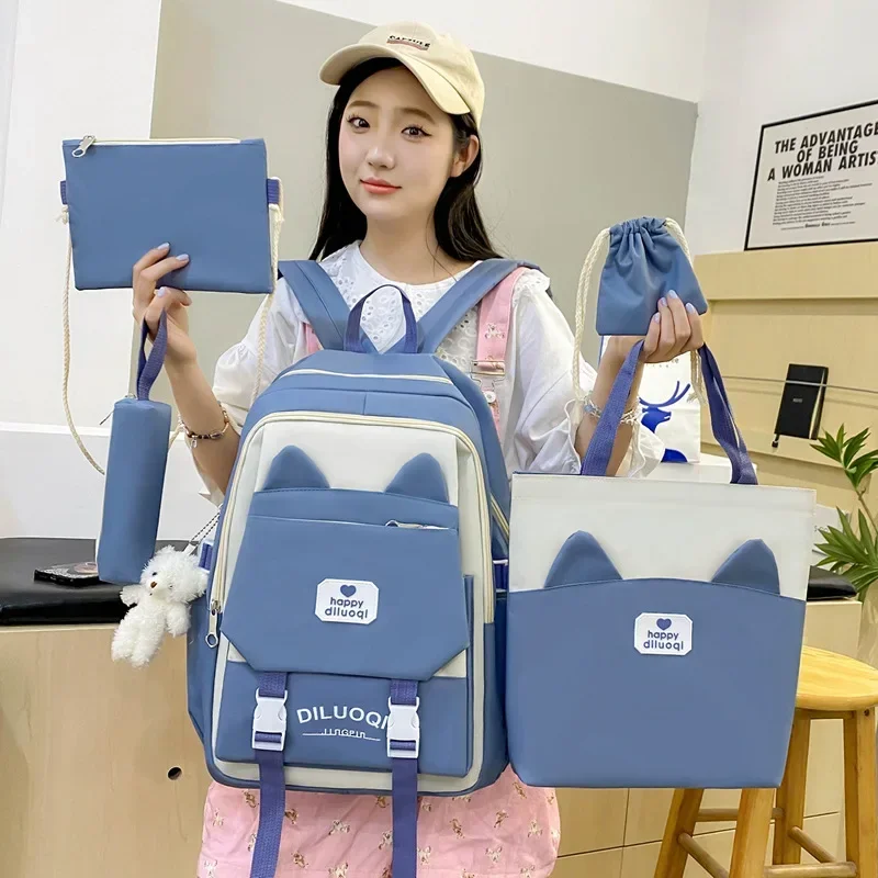 Five Piece Set Backpack for Girls New Versatile Design for Primary School Students Large Capacity Junior High School Campus