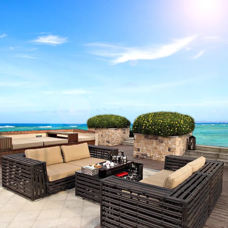 

！@Two-Seater Modern Outdoor Rattan Sofa Set with Waterproof Cushions for Gardens Offices & Home Stays