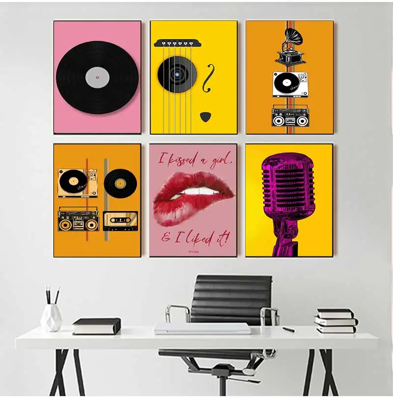 ملصق تسجيل موسيقى فينيل عتيق ، فن جداري ، أوتار جيتار ، صورة ، سماعة رأس ، كلمات ، لوحة قماشية ، طباعة ، ديكور استوديو