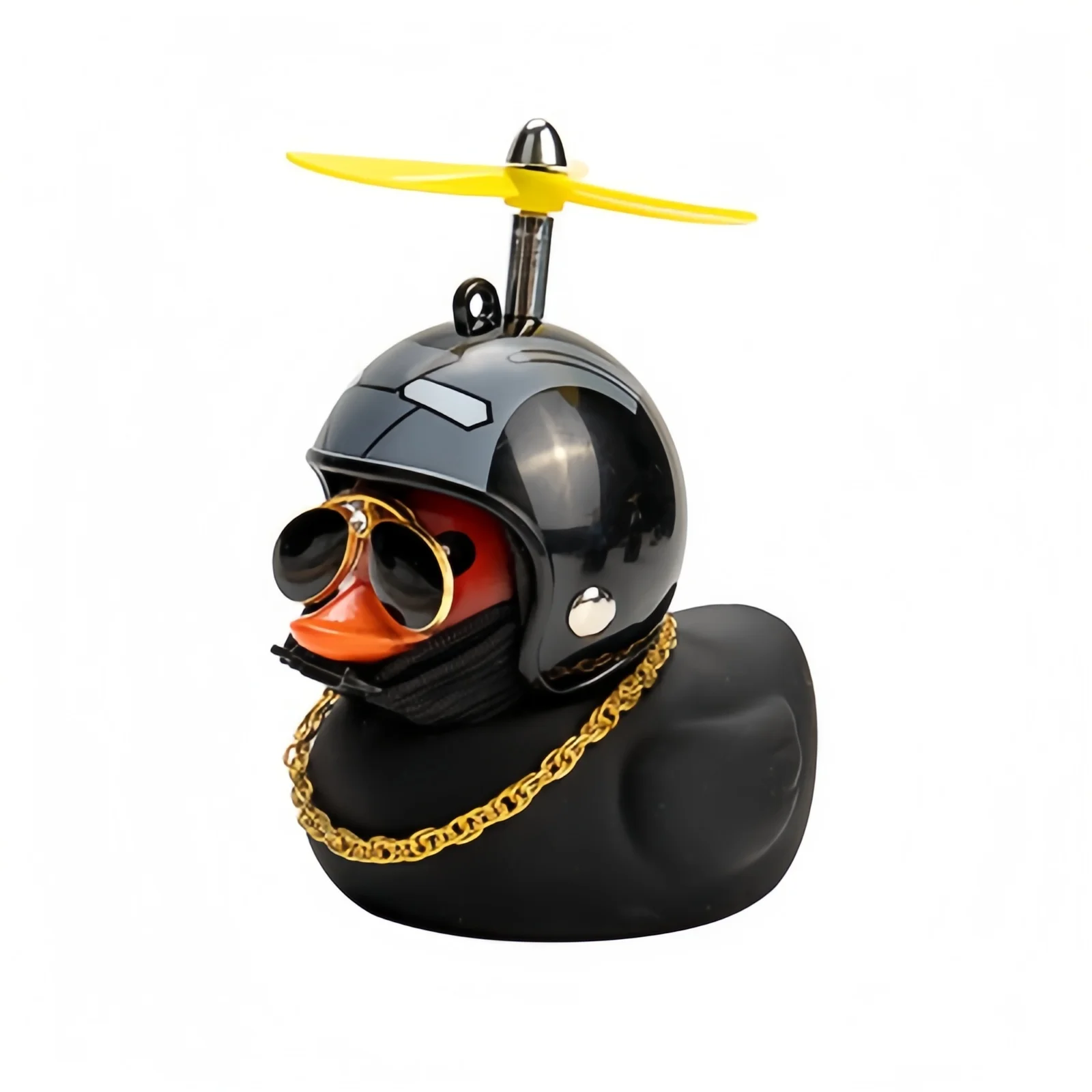 Schwarze Gummi-Ente als Auto-Armaturenbrett-Ornament mit Propeller, Helm und Sonnenbrille, Lustiges Auto-Innenzubehör, Fahrrad-Ornament, Geschenk – Detail 6