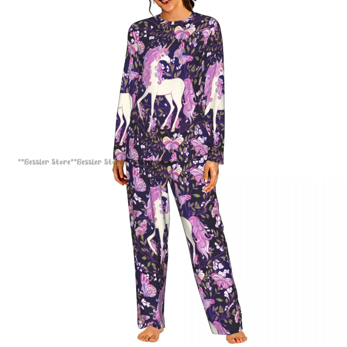 Women Casual Round Neck 2PCS Sleepwear Set Long Sleeve Shirt & Long Pants Unicorn Roses And Butterflies Daily Home Loungewear