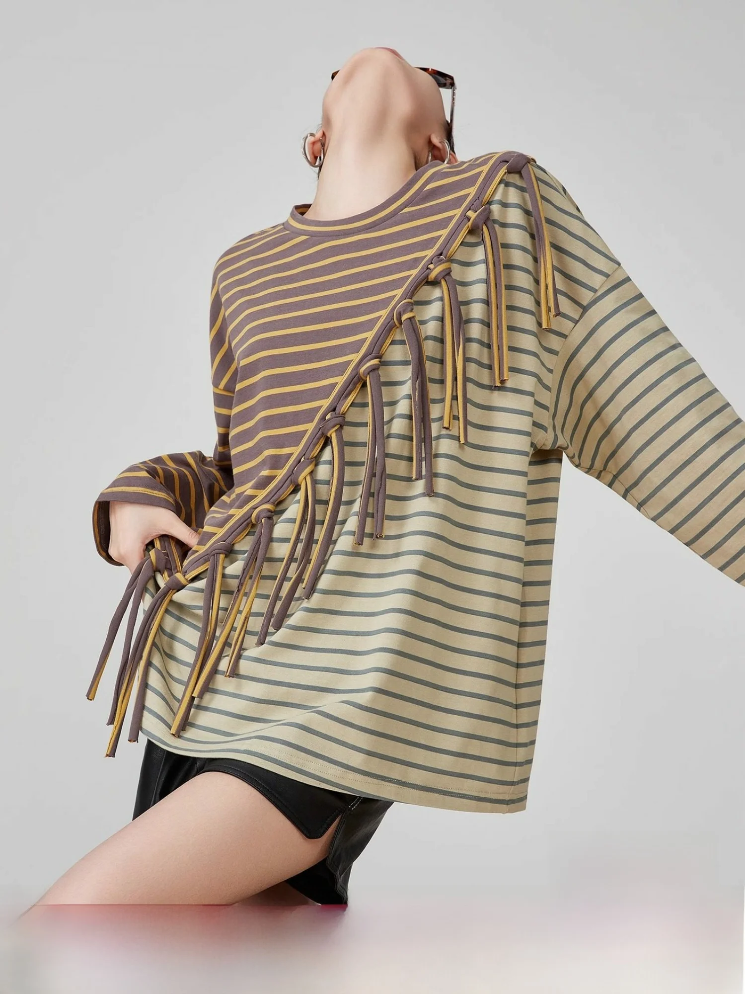 

Barn Sle Long Sve Loose Casual Overhead Women's T-irt Striped Patchwork Fringed Trendy Spring Polyester Blend