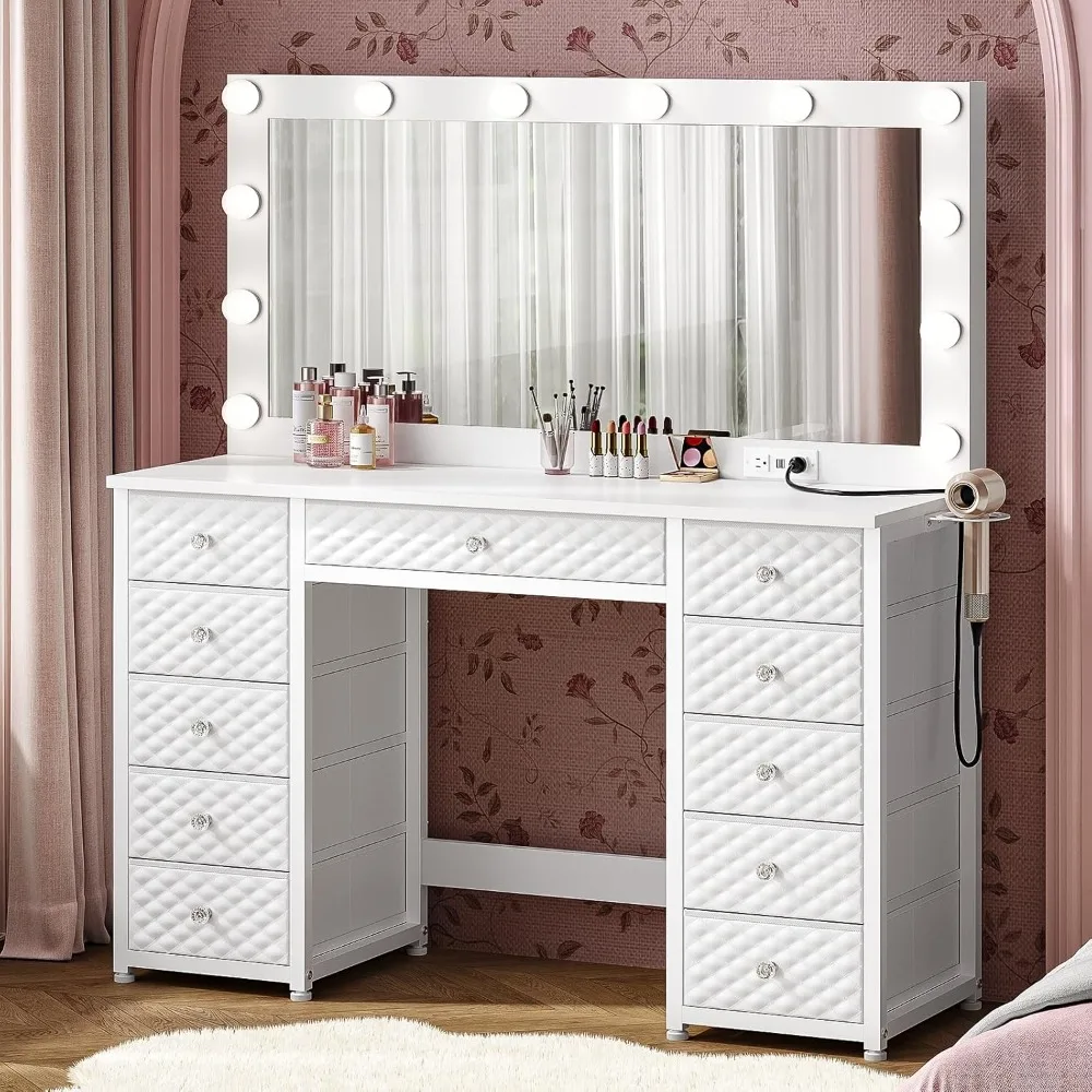 

Vanity with Extra Large Mirror and Lights, Makeup Vanity with Power Strip, 45.3” Vanity Desk with Storage, Dressing Table with 3