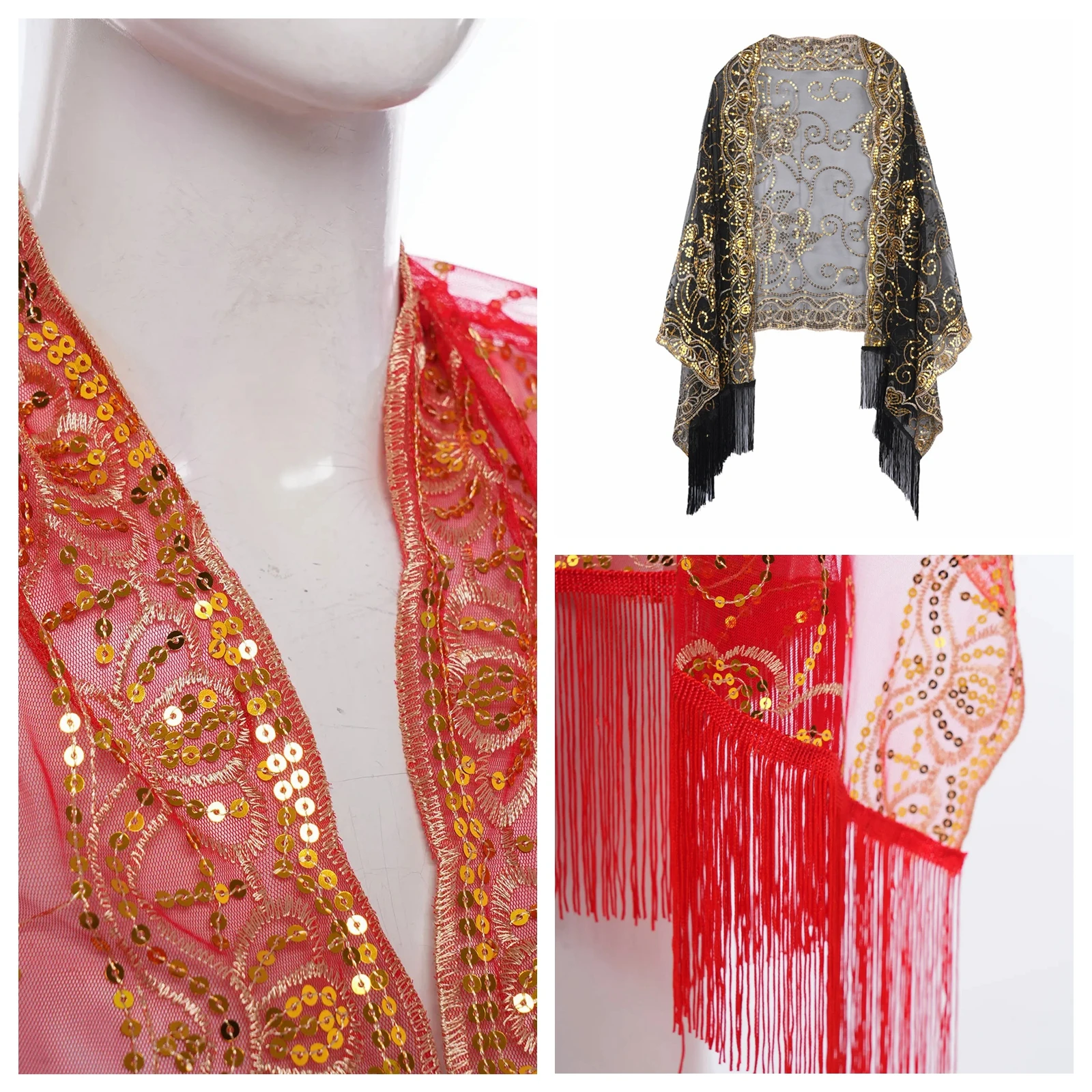 

Womens 1920s Cocktails Party Shawls Wraps Vintage Sequin Shawls Cape Floral Sheer Shrugs Wrap Scarf for Dress Accessories