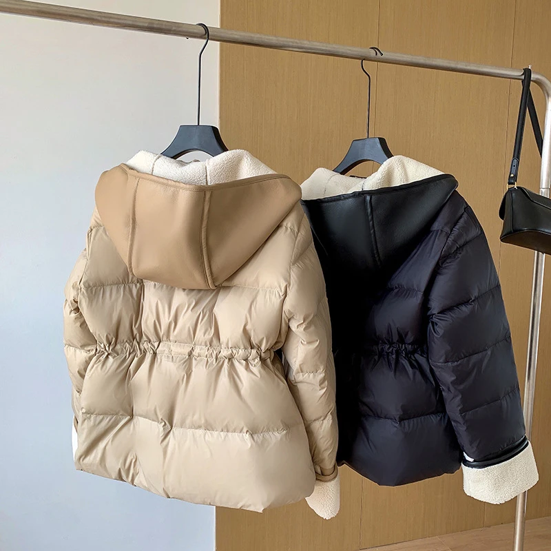 Schinteon Women Lambswool White Duck Down Jacket with Hood Autumn Winter Warm Outwear Casual Patchwork Coat European Style
