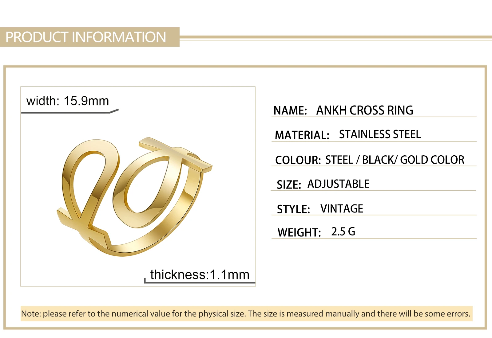 Skyrim Ägypten Ankh Kreuzring Edelstahl Goldfarbe Verstellbare offene Fingerringe 2026 Ägyptischer Schmuck Geschenk für Frauen Männer – Detail 6