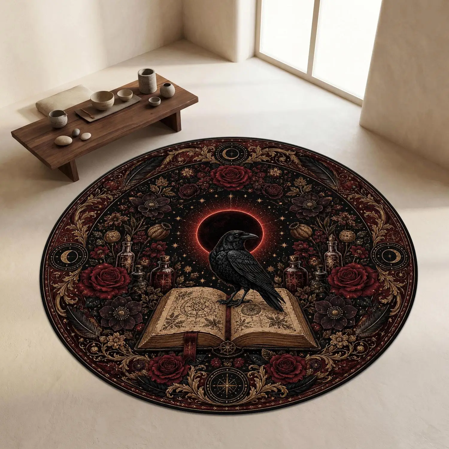 【Room Decoration Carpet】Round Gothic Crow Carpet, Eclipse Magic Book Round Carpet, Dark Academy Style Decoration, Mysterious Floral Pattern Carpet, Witch Reading Room Decoration