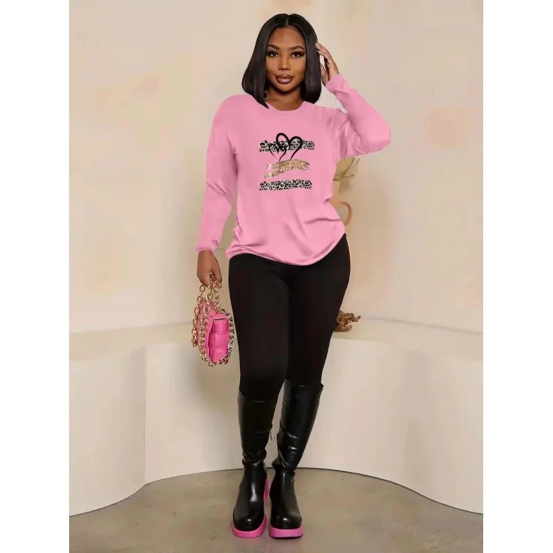 เสื้อสเวตเชิ้ตคอกลมสีชมพูสำหรับผู้หญิงพร้อมดีไซน์ลายกราฟิกที่สนุกสนาน ชุดลายกราฟิกแขนยาวทรงหลวม