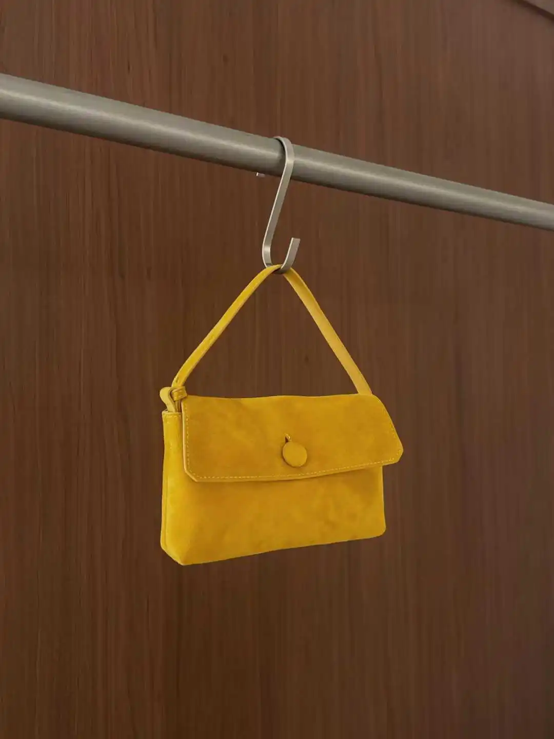 

FIRMRANCH 2026 Spring New Textured Sherpa Mini Button Flap Design Handbag Women's Fashion Crossbody Phone Bag Chic Purse Yellow