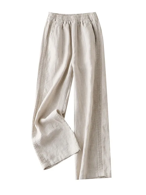 Cintura alta perna larga algodão linho solto emagrecimento verão novo sle calças casuais femininas corte reto fino modelo ket design